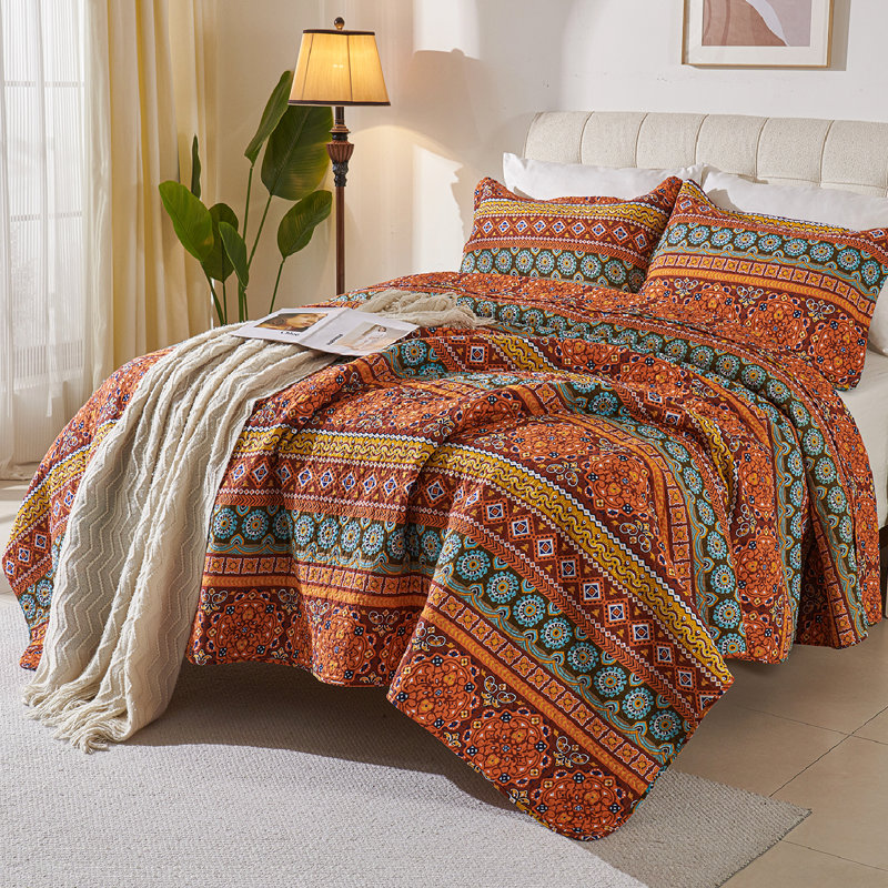 Ensemble de literie réversible 100% coton percale, Courtepointe grand + 2 couvre-oreillers standard