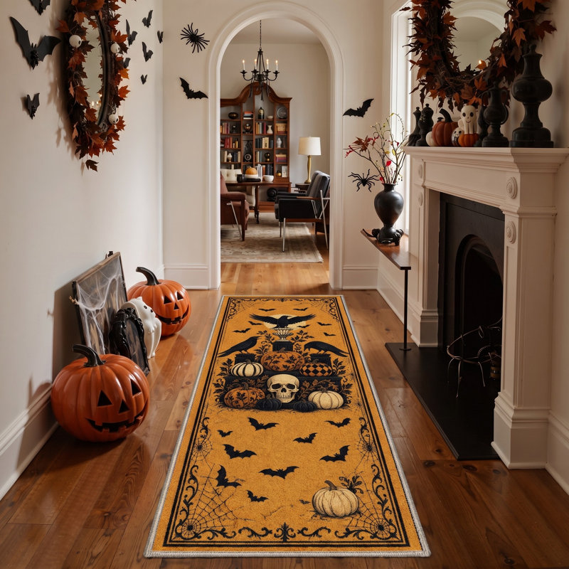 Tapis d'Halloween Corbeau et Crâne, Noir/Orange, Lavable à la machine, Poils courts, Antidérapant