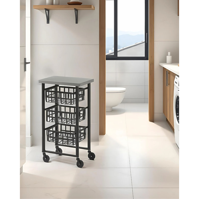 Nelia 45cm W Steel Kitchen Trolley with Stainless Steel Top, Black