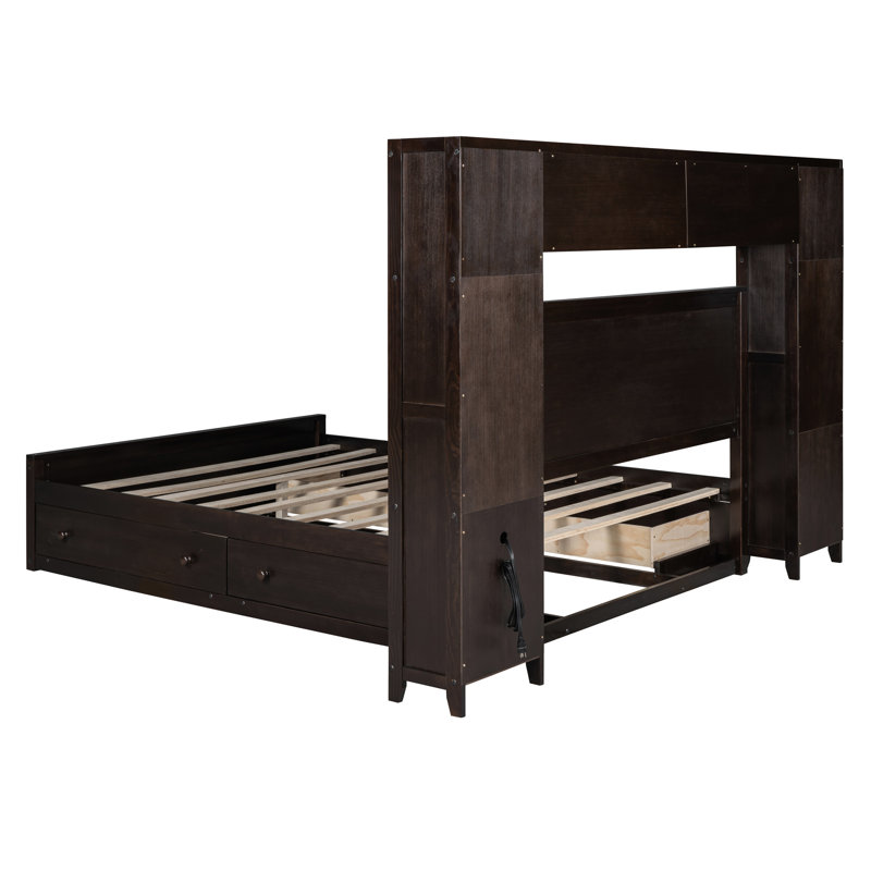 Grand lit en bois massif avec solutions de rangement pratiques - Ensemble d'armoire, de tablette et de socle de couleur durable avec douilles pratiques