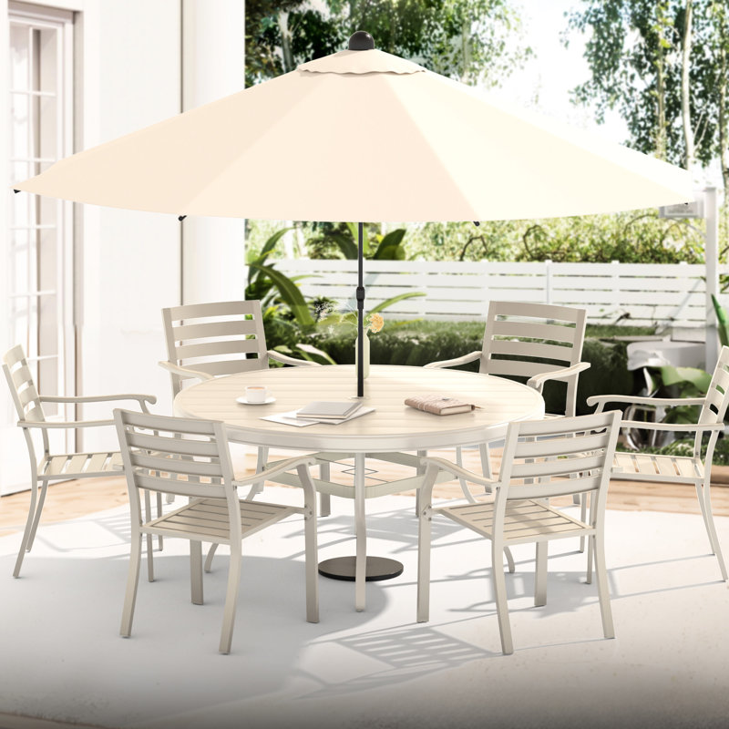 Outdoor Round Patio Table For 4 - 6, All Weather Metal With Umbrella Hole Lawn, Garden, Backyard. Powder Coating Rust Protection, Bent Leg Design Aesthetics And Stability, Non Marring Foot Caps.