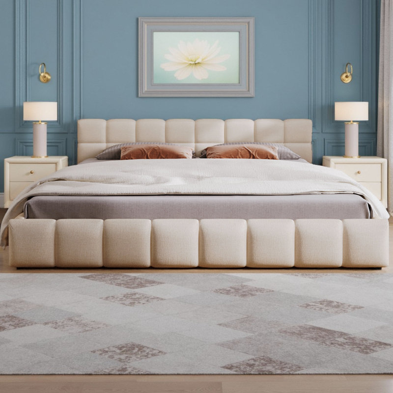 Élégante base de lit tapissier en chenille beige avec tête de lit en damier, aucun sommier nécessaire, Très grand lit