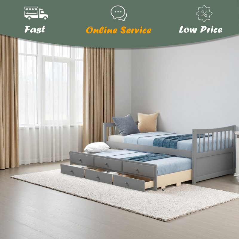 Daybed With Trundle And Drawers, Twin Size, Gray