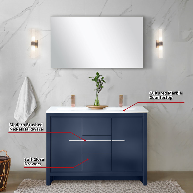 Lafarre 48 in W x 20 in D Double Bath Vanity Mirror & Faucet Set, White Cultured Marble, Navy Blue