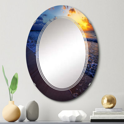 Coucher de soleil sur un rivage océanique I - Miroir mural nautique et côtier ovale