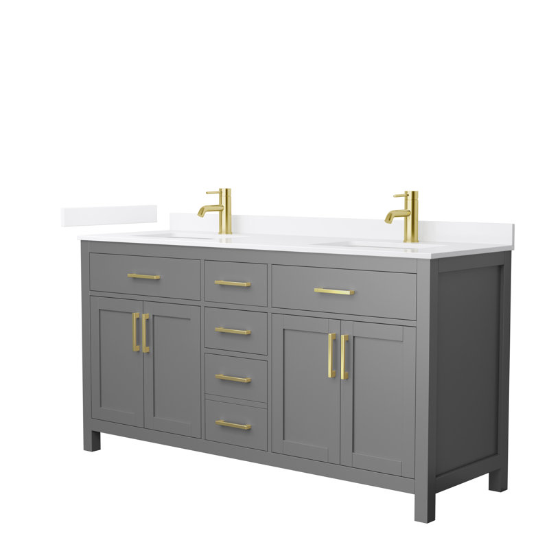 Beckett 66" Freestanding Double Bathroom Vanity with Quartz Top, Dark Gray, Brushed Gold, White Quartz