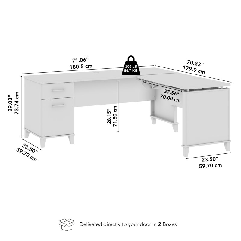 72W 3 Position Sit to Stand L Shaped Desk in White, White