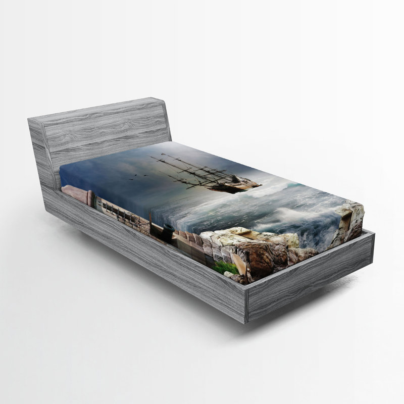 Ensemble de 2 draps-housse Ambesonne Ocean Pirate Merchant Ship Pale Muave Beige, Drap-housse de taille simple
