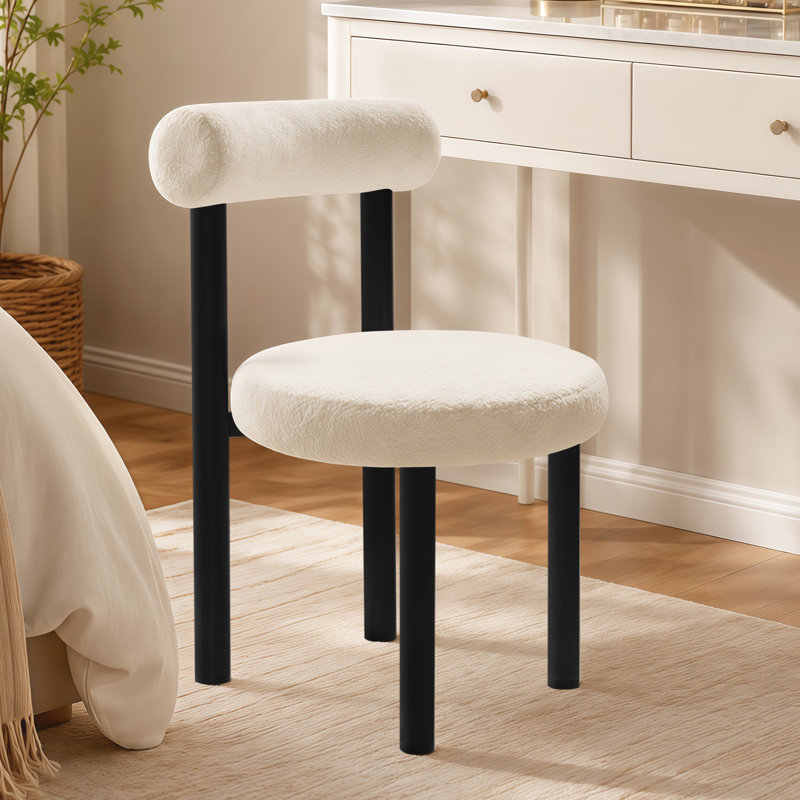 Petite chaise de coiffeuse sans accoudoirs en tissu Teddy avec soutien lombaire pour le maquillage dans la chambre, noir et blanc