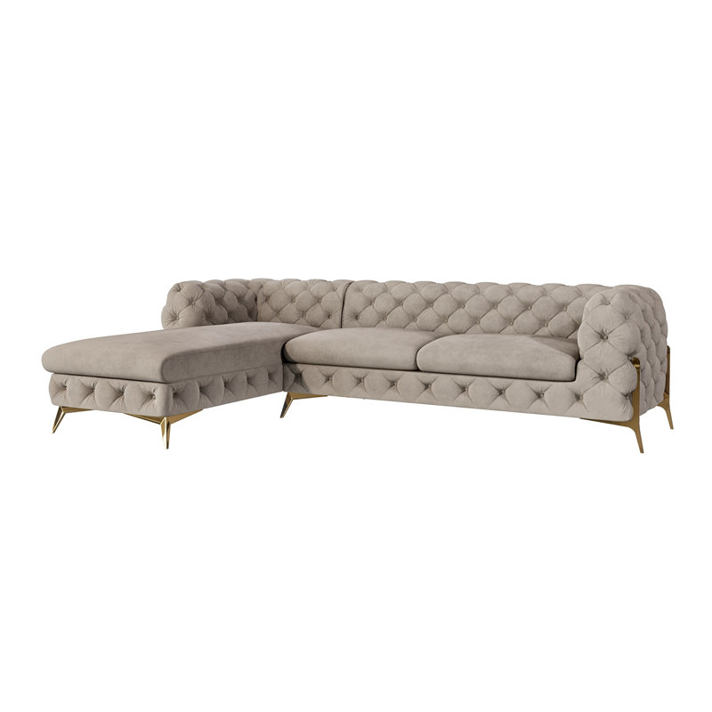 Chesterfield Corner Chaise Sofa  with Gold Metal Legs, Left Hand Facing, Dark Cream