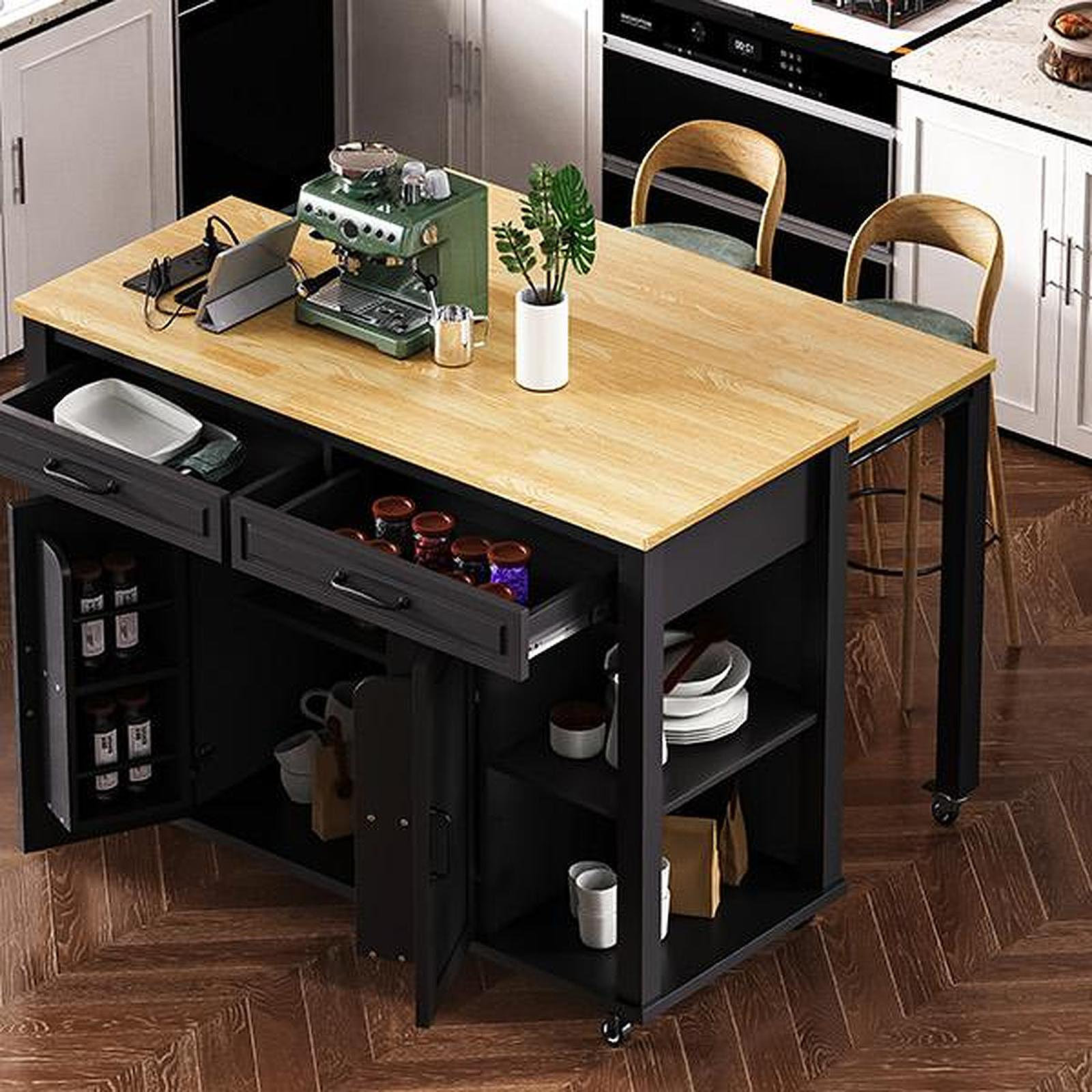 Ebern Designs 47 Inch Kitchen Island With Extendable Dining Table ...