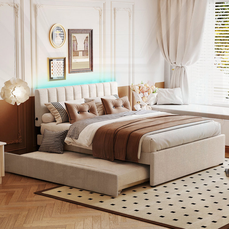 Lit plateforme tapissier Teddy, Beige, Grand
