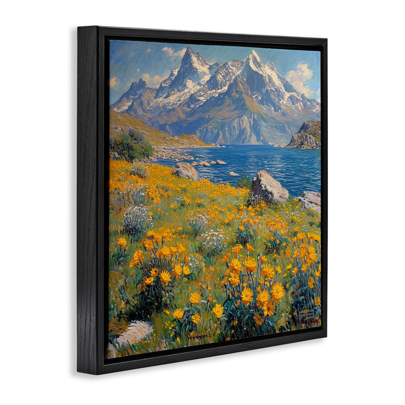 "Mountain Daisy Meadow", art mural sur toile flottante par Roozbeh Bahramali, H 25 po x l 25 po, Cadre flottant noir de jais