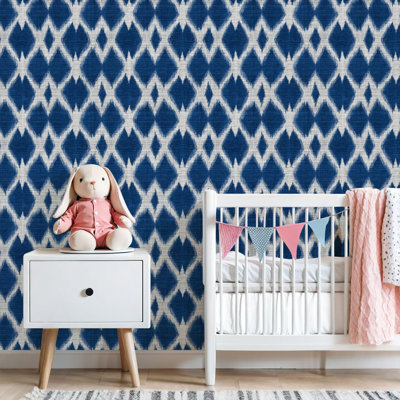 Peel and Stick Wallpaper Indigo Blue Ikat Rustic Textile Contact Paper Removable Self Adhesive Wall Mural Wall Decor for Bedroom Kitchen Cabinets 17.7in x 118in