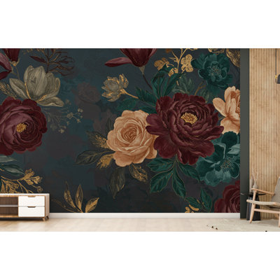 Mur de jardin enchanté minuit surdimensionné, pivoines, roses et magnolia avec fausses feuilles d'or | Papier peint floral luxueux foncé 769RS (non tissé) RS769