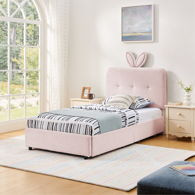 Lit tapissier en tissu pour enfants avec tête de lit surdimensionnée pour oreilles de lapin, lumières DEL et 4 tiroirs de rangement, Boucle