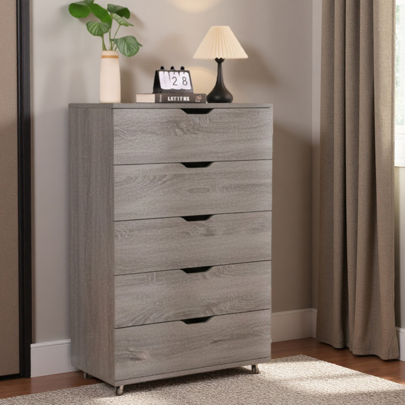 Commode 5 tiroirs avec roulettes - Armoire de rangement moderne, Gris