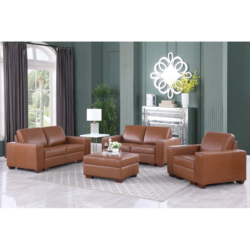 Ensemble de salon 7 pièces Layane, Cuir assorti brun cognac