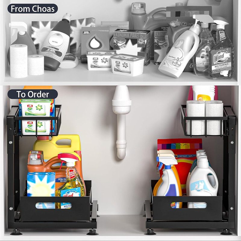 2‑Pack L-Shaped Under Sink Organizer, 2-Tier Pull-Out Metal Cabinet With Sliding Drawers, Adjustable Heavy-Duty Storage For Kitchen Or Bathroom