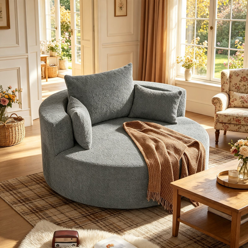 Fauteuil demi-tonneau pivotant à 360 ° avec coussins amovibles pour le salon, la chambre à coucher et le bureau, gris