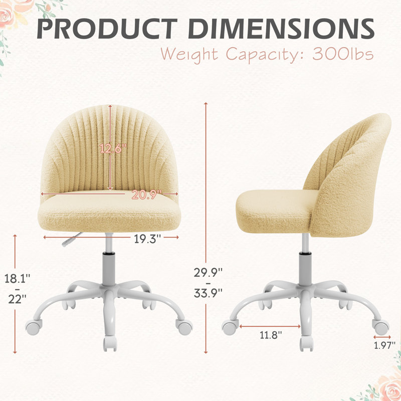 Chaise de bureau en velours avec roulettes, chaise de travail, jaune, Jaune