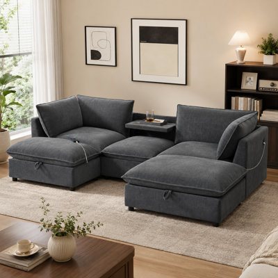 98" Modular U-Shaped Sectional Sofa with 2 Storage Ottomans, Fold-Down Table, Cup Holders, USB-C Charging Ports, and Chenille Upholstery