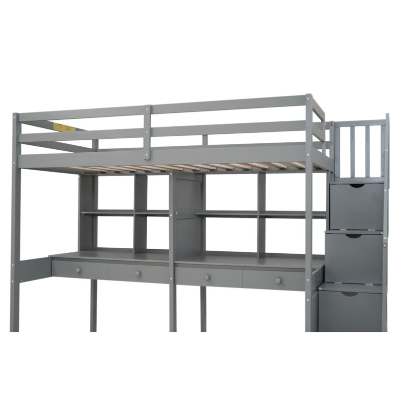 Structure de lit mezzanine avec escalier de rangement, double bureau et tablettes