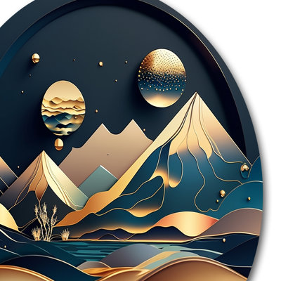«Dreamy Golden Mountain I», art mural rond en marbre abstrait sur métal
