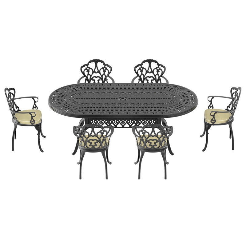 Ensemble de 7 pièces de mobilier de patio en aluminium coulé avec cadre noir et coussins de siège blanc cassé, 6