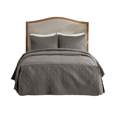3 Piece Bedspread In Dark Grey For Queen Bed. Microfiber, 100% Fill, Pleated Corners, , Luxurious With Detail And Soft Touch.