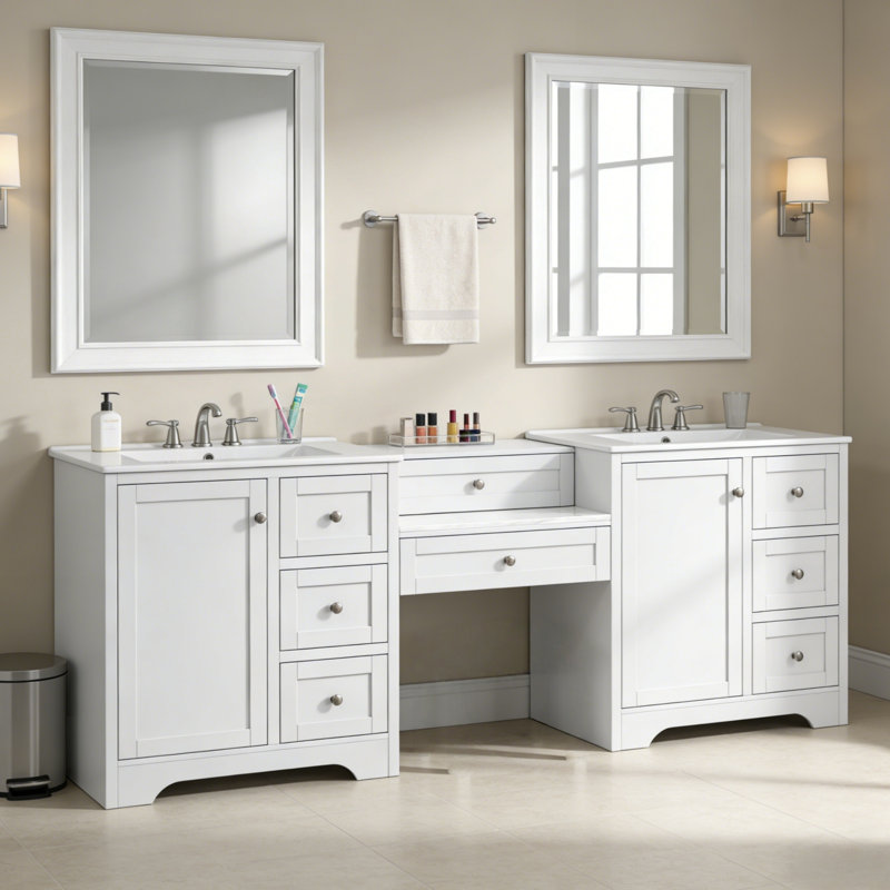 Meuble-lavabo double 84 po avec éviers en céramique, comptoir en pierre reconstituée et beaucoup de rangement, tiroirs à fermeture en douceur, finition blanche 84 po