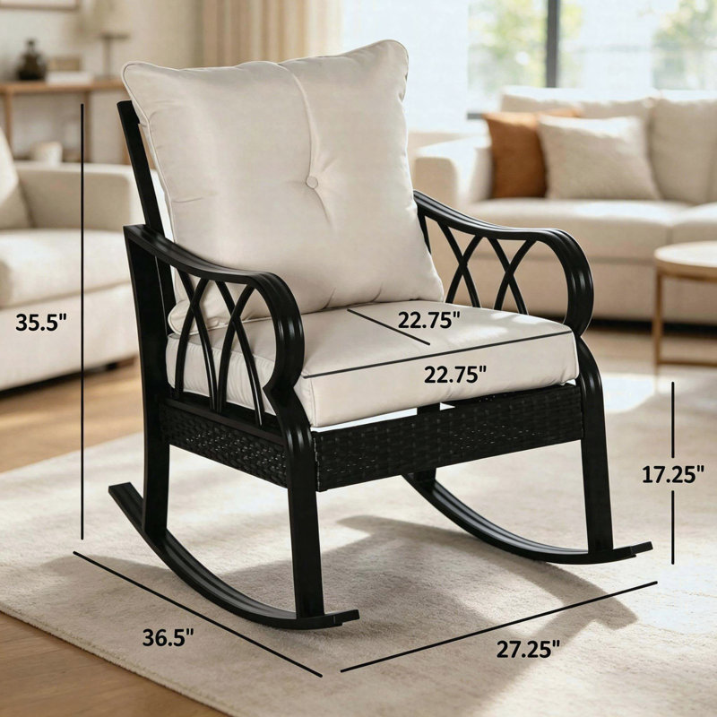 Chaise berçante d'extérieur en rotin avec coussins, chaise berçante de jardin classique