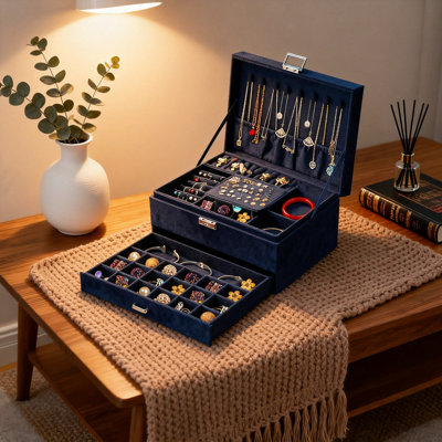 Layer Jewellery Box for Women with Lock and Key Drawer,Jewellery Storage Box for Necklaces Earrings Ring Bracelet(Deep Blue)