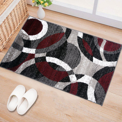 Archeveque Woven Abstract Burgundy/White/Black Area Rug – Modern Geometric Circles Polypropylene Carpet for Living Room, Bedroom, or Hallway