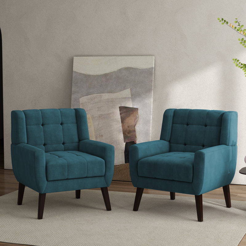 Jaqueze Upholstered Polyester Tufted Square Arm Accent chair, Velours bleu