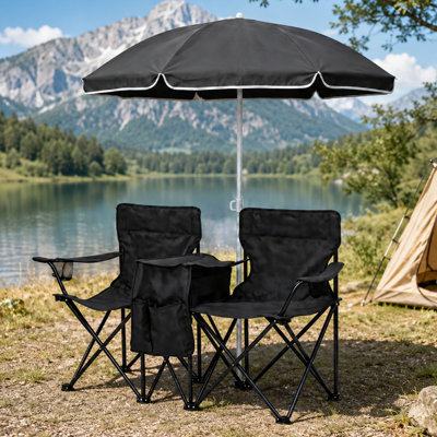 Folding Outdoor Chair Set for 2 with Umbrella for Beach Lawn and Camping