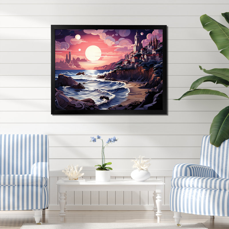 «Pink Beach Artistry Papercut - Coastal Beach», impressions sur toile, H 34 po x l 44 po x P 1,5 po, Cadre photo noir