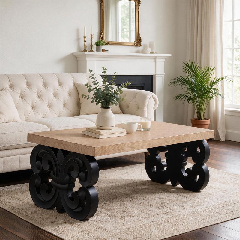 47" Floral Carved Coffee Table, Black