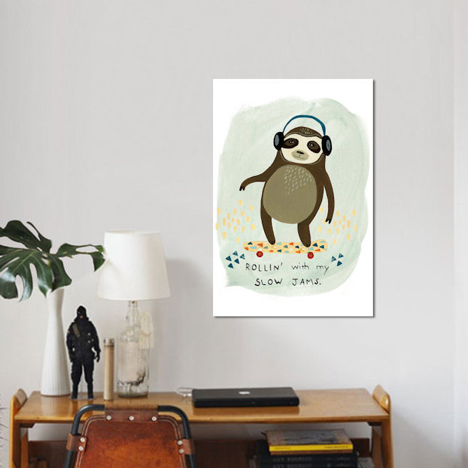 «Hipster Sloth II», impression sur toile tendue, Papier d'art encadré noir, Blanc, H 24 po x l 16 po x P 1 po