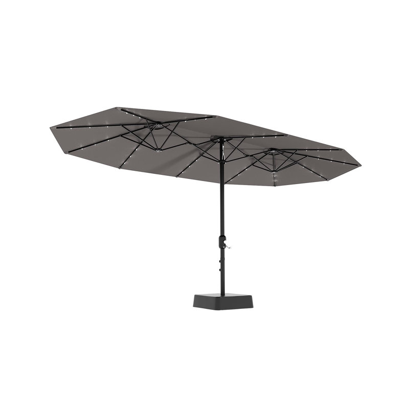 Grand parasol de terrasse extérieur à double face de 15 pi avec lumières solaires 36 lumières DEL et base croisée incluses pour terrasse près de la piscine - gris