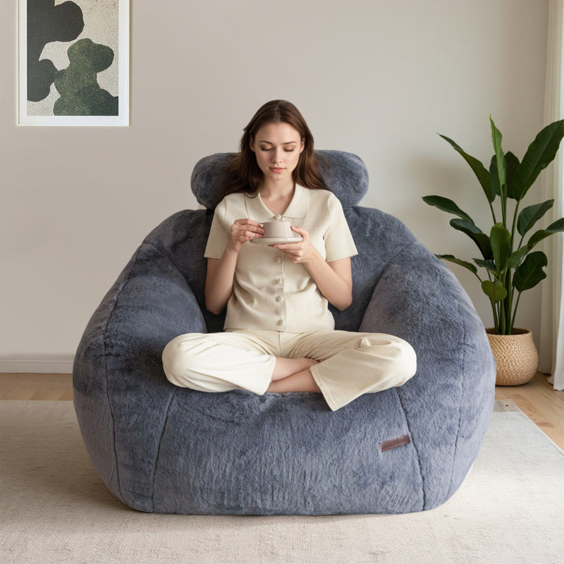 Giant Bean Bag Sofa Chair with a Pillow, Gray Faux Fur