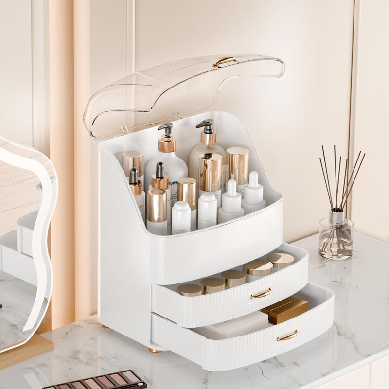 Organisateur de maquillage de comptoir avec tiroirs à couvercle transparent, étanche à l'eau et à la poussière, rangement pour cosmétiques et soins de la peau, cadeau pour la salle de bain (blanc)
