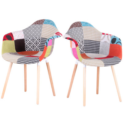 Retro Patchwork Armrest Dining Chair - Colorful Contrast Design - Solid Wood Legs