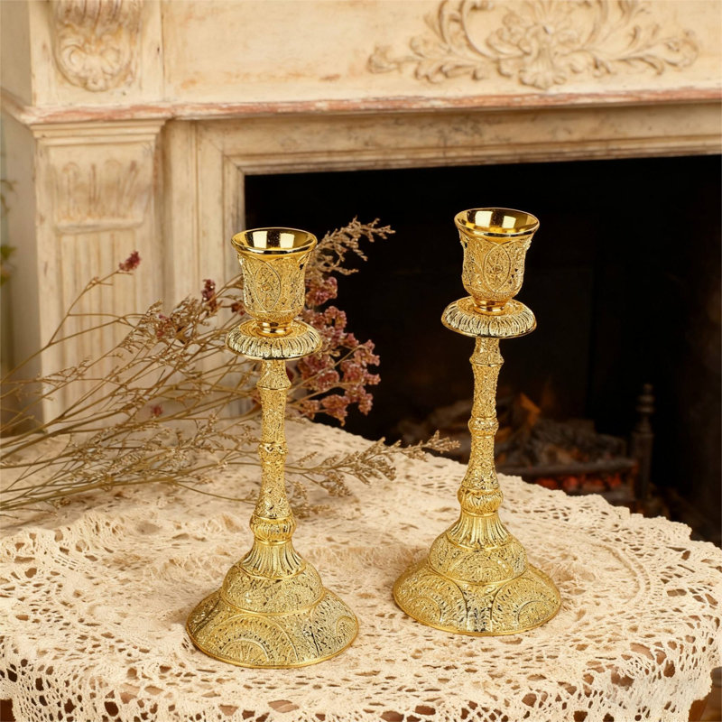 Pair Of Brass Taper Candle Holders With Floral Detailing 7.4 Inch Height