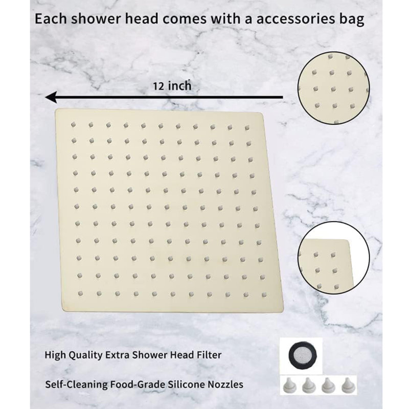 Pomme de douche carrée haute pression SH-12-Nickel-4 12 pouces avec bras de douche 15 pouces, Or brossé