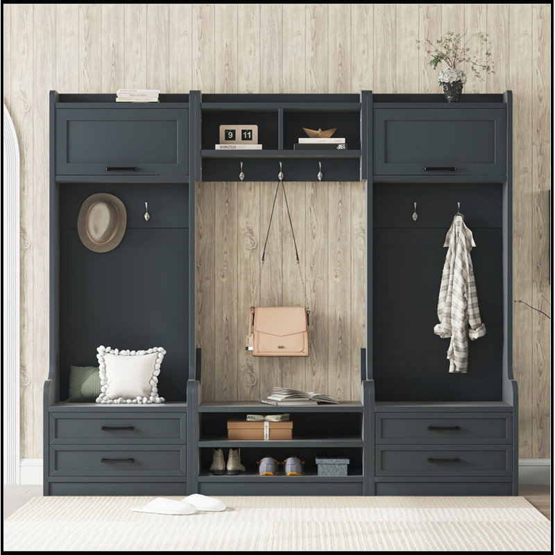 4-in-1 Hall Tree with Storage and 7 Hooks, Multiple Functions Hallway Coat Rack with Storage Drawers and Cabinet