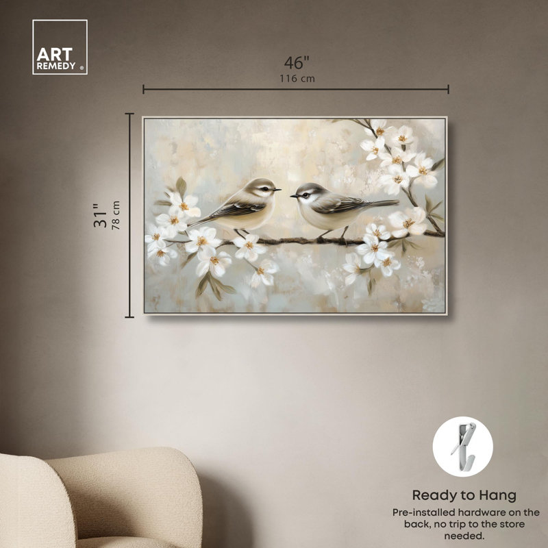 «Delicate Birds Canvas Farmhouse» par Art Remedy, Cadre argenté, H 31 po x l 46 po