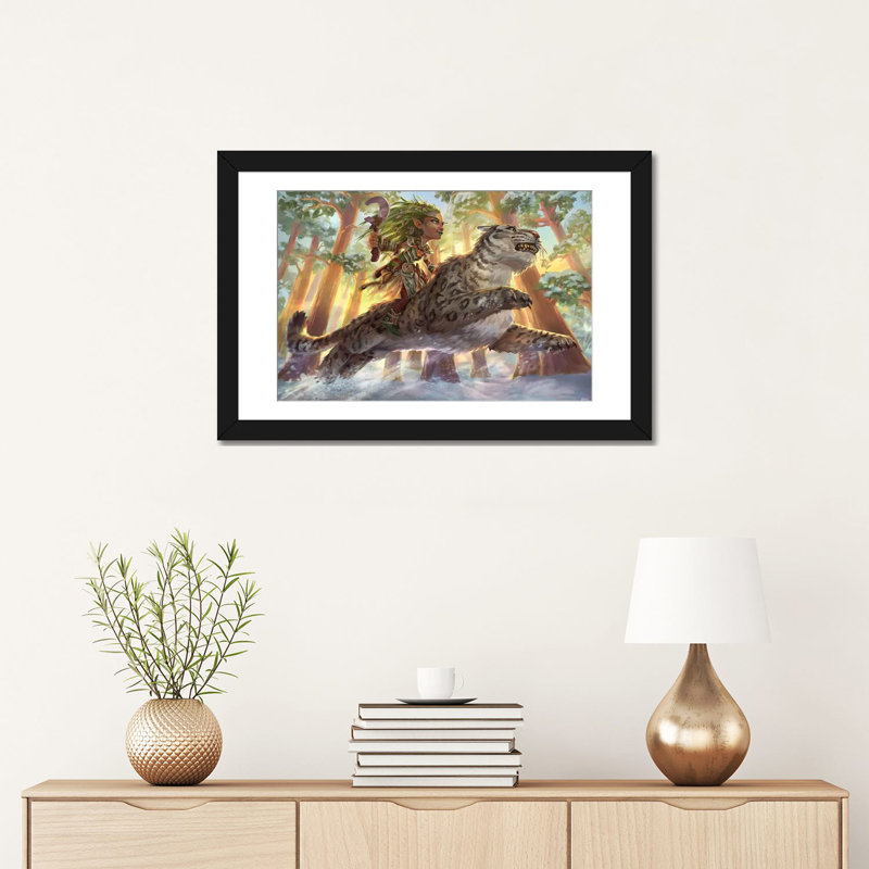 Druide chevauchant son léopard - reproduction d'art murale - papier d'art encadré, H 16 po x l 24 po, Noir
