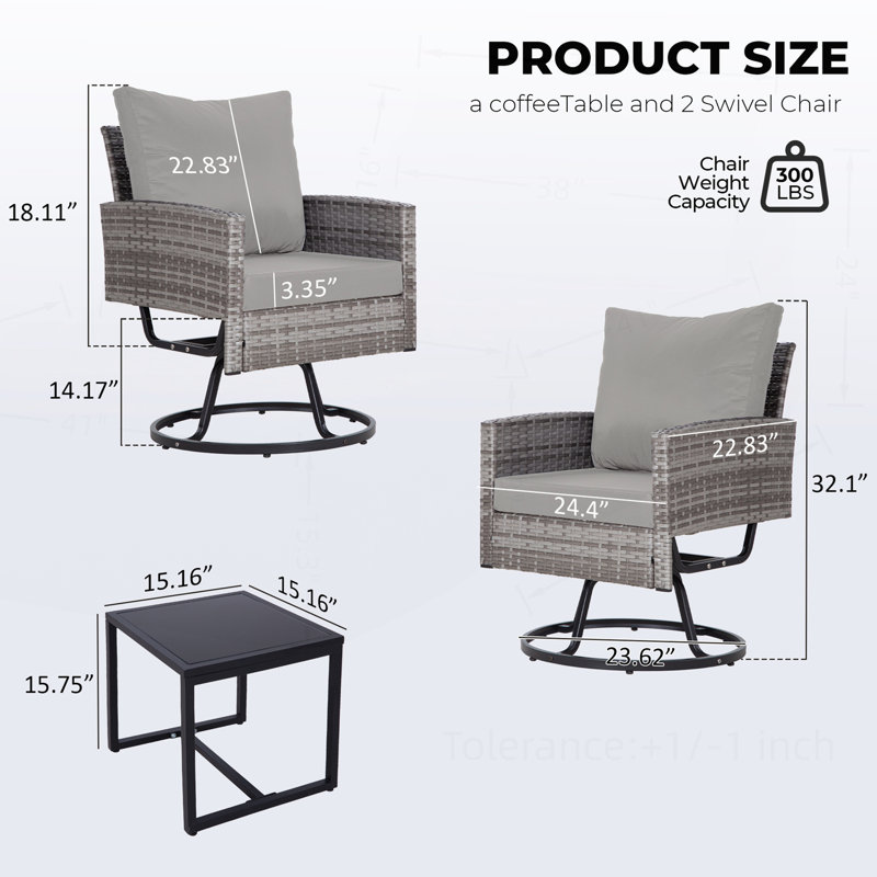 Ensemble de mobilier d'extérieur en osier avec chaises pivotantes et table basse pour espaces variés, Gris, Gris