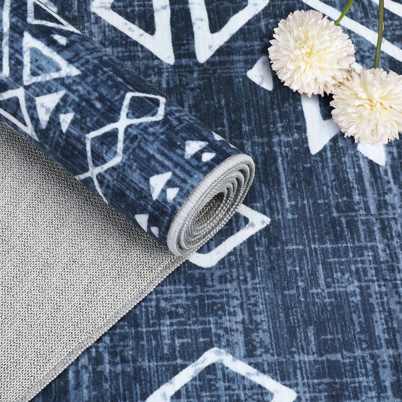 Boho Machine Washable Rug with Rubber Backing for Living Room Non-Slip Dining Room Rug Easy-Cleaning Floor Carpet for Bedroom Office Playroom_OKPHO_338N_Geometric_Blue